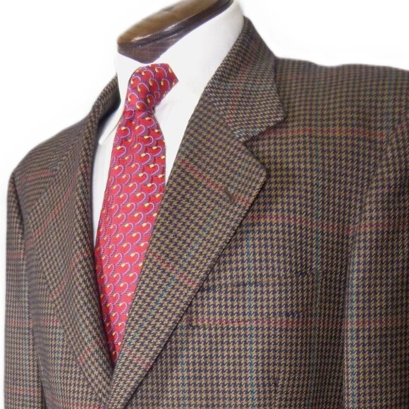 Hugo Boss 40L Wool Sport Coat Blazer Brown Navy Houndstooth Red Teal Check Class - Picture 3 of 7